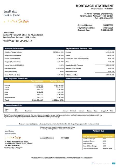 Download Jordan Bank of Jordan mortgage statement Word and PDF template Photoshop template